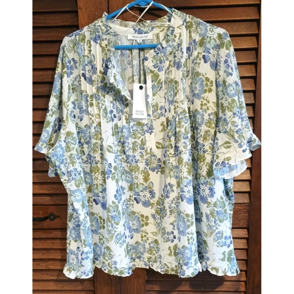 NWT ROSE & OLIVE Flutter Sleeve Pintuck Blouse Blue Green Womens Top Sz 2X